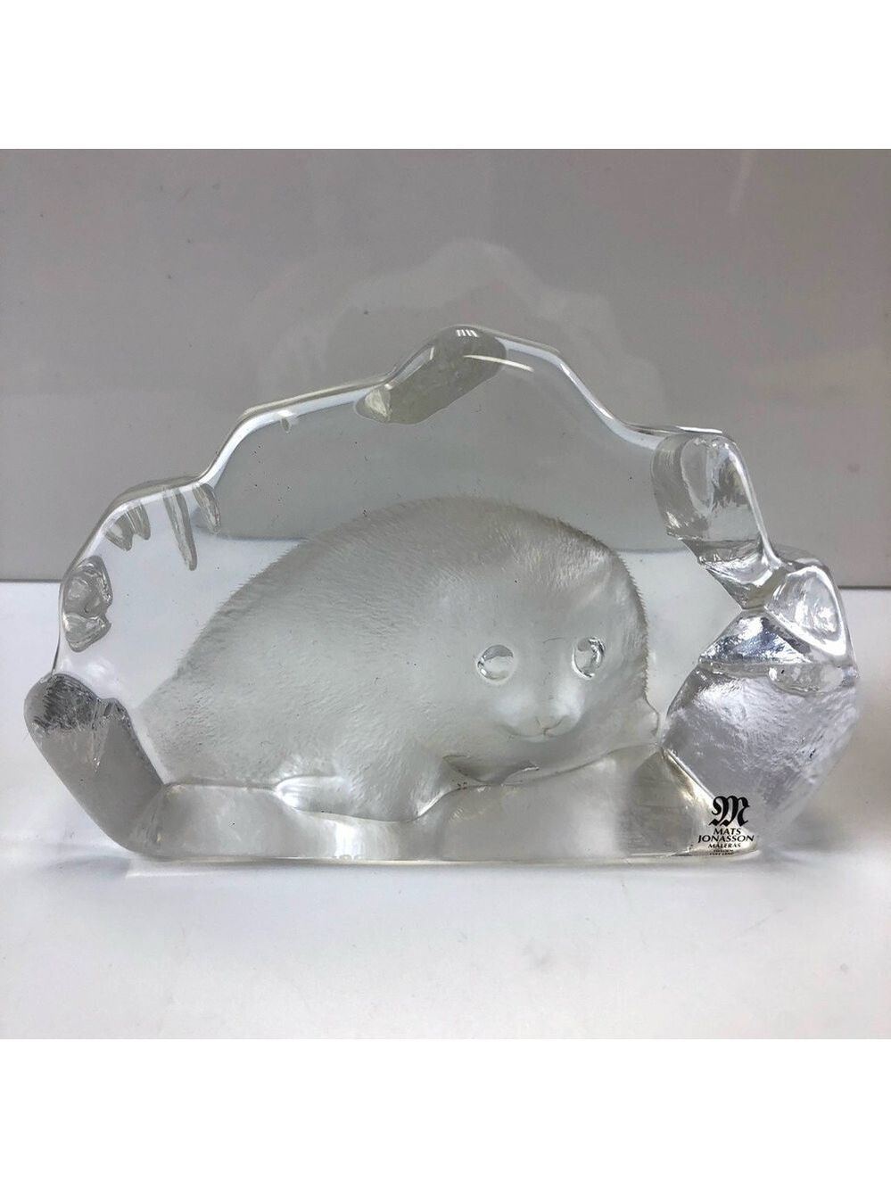Mats Jonasson seal etched glass signed crystal paperweight Swedish clear frosted